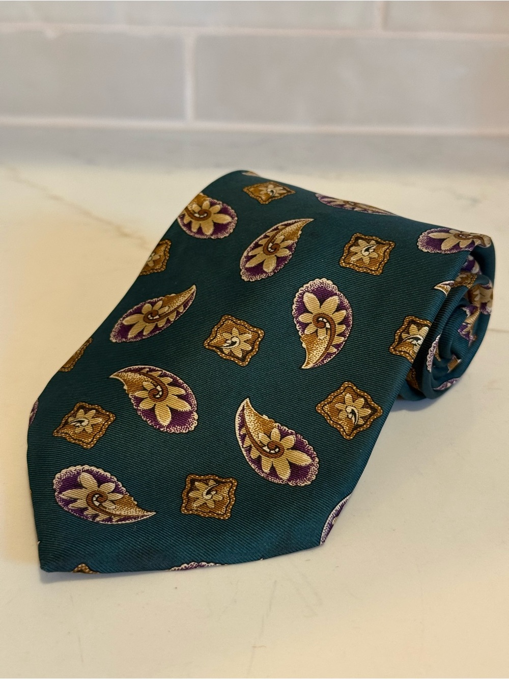 Vintage Oscar de la Renta Couture Silk Paisley Tie Teal Purple Gold